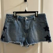 Chelsea & Violet Star Embroidered Denim Frayed Short