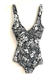 Maxine of Hollywood black & white animal/floral print one piece bathing suit 12