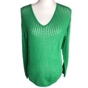 Jeanne Pierre V-Neck Techno Knit Cotton Fishnet Pullover Sweater