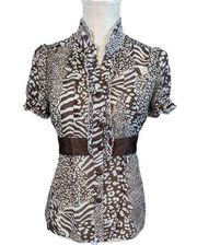 Blouse Top Women's Medium Babydoll Sheer Brown Animal Pri…