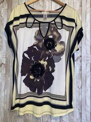 Lavish Plus Short Sleeve Yellow Black Floral Shirt Cutouts Size 1X