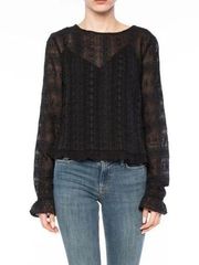 All Saints Black Sheer Dakota Top Women's Size 2 Lace Embroidery Long Sleeve