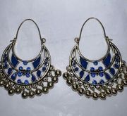 Boho Ethnic Crescent Dangle Blue And Gold Earrings