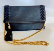 Luxe NWOT Black Vegan Faux Leather Fold over Clutch Gold Chain Strap