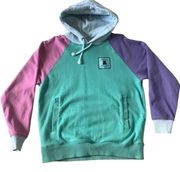 teal,pink,purple color-block hoodie size medium pullover sweatshirt
