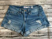 YMI WannaBetaButt? Women's Jean Shorts Blue White 3 Mid Rise Cuffed Distressed