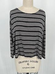 Comfy USA Boxy T-Shirt Sz S Black White Striped Long Sleeve Side Slit Lagenlook