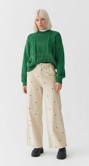 Lazy Oaf Little Heart Embroidered Cord Corduroy Wide Leg Trousers Pants 28