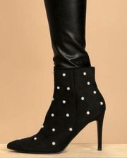 Lulus Black Suede High Heel Ankle Boots With Pearls