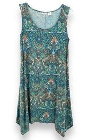 Lucky Brand teal paisley midi tank dress stretch sleeveless asymmetric hem 1X