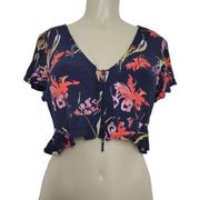 Nordstrom Leith Womens Size Large Navy Blue Boho Floral Ruffle Crop Top Rayon