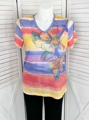 White Stag Ombre Striped Floral Studded Tee Shirt Purple Pink Yellow XXL