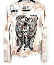 Affliction Saints & Sinners Angel Wing Shirt Womens Size Medium Ripped Tie Dye