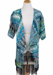 Monroe Sheer Blue Floral Print Fringe Open Front Swim Coverup