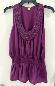 Purple Beaded Collar Peplum Tank Sleeveless Blouse- Size Medium