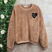 Zoe & Liv Sherpa Embroidered Heart Patch Warm Cozy Sweatshirt Tan Size M
