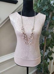 Cache Women's Beige 100% Rayon Sequin Sleeveless Round Neck Top Blouse Size XS