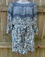 Aqua Blue Floral Off the Shoulder Long Sleeve Tie Waist Romper