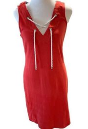 Red  Sleeveless Above the Knee White Rope V-Neck Cotton Shift Dress XS