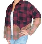 Wild Fable Bleach Dyed Red Plaid Button Down Flannel Top Large