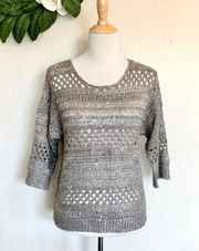 Roz & Ali Grey Crochet Sequin Pullover 3/4 Sweater