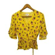 Lost + Wander Yellow Spring Floral Print Wrap Top with Crochet Trim Size Small