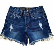 Lucky and Blessed NWT Lace Trim Cut Off Denim Dark Wash Jean Shorts Size 2