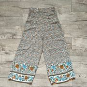 Bohemian Wide Leg Blue Yellow Orange Retro Floral Lightweight Pants Culottes S