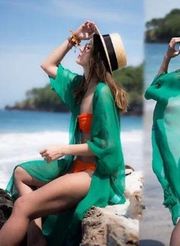 NEW Kelly Green Sheer Kimono Beach Coverup Swim BOUTIQUE