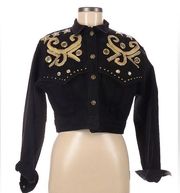 Vintage Y2K  Black Denim Jean Jacket Gold Glitter Stars Sparkly sz M