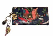 SAKROOTS Large Wallet Bird Print Keychain Envelope Style Coated Canvas Dark Blue