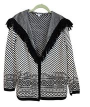 Susan Graver Black and White Jacquard Sweater Cardigan with Fringe Small