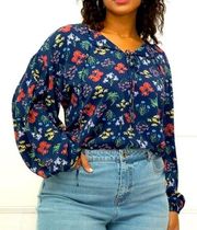 ELOQUII Elements Blue Floral Long Balloon Sleeve Blouse