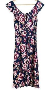 Band of Gypsies Navy Blue Floral Print Ruffle Sleeve Crinkle Midi Dress Size S