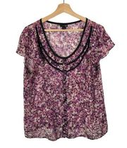 East 5th Purple Floral Ruffle Short Sleeve Blouse XL
