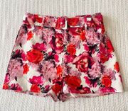 Red Pink White Floral Belted High Rise Shorts Size 6