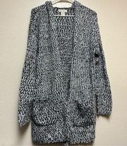 Cynthia Rowley Long Popcorn Hooded Cardigan Sweater Black & white