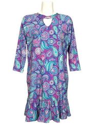 Bohemian Paisley Design Ruffle Hem Stretch Knit Dress Large