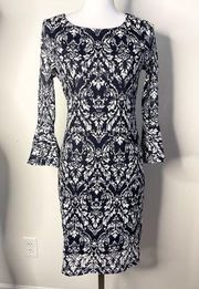 LIZ CLAIBORNE Dress Women Size 6 Sheath Midi Paisley Lace Lined Bell Sleeves