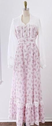 Gunne Sax • vintage 70s dress maxi floral cottagecore corset lace up fairy pink