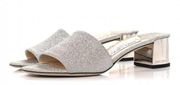 Jimmy Choo Silver Glitter Block Heel Mules Joni 37.5