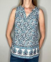Ava Christine Floral Rayon VNeck Summer Blouse S SM Small White Blue Lightweight