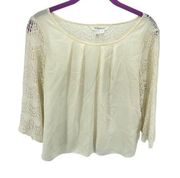 BCBGeneration Womens Lace Top Blouse 3/4 Sleeve Scoopneck Pleated Cream Small