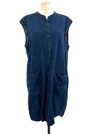 Eileen Fisher Mandarin Collar Organic Cotton Button Front Denim Dress Size XL