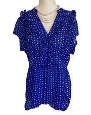 NY Collection Blue with white polka dots ruffled sheer peplum blouse sz L