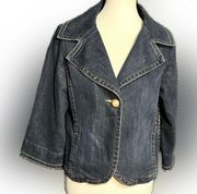 LAL (Live a Little) Dark Wash Stretch Denim Jacket, faux pearl buttons, size M