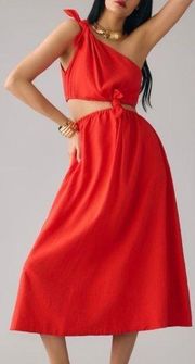 FARM Rio Red Midi One Shoulder Linen Blend Knotted Cut Out Dress Size M