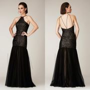 LM BY MIGNON | Black Sequin Halter Mermaid Trumpet Ball Gown Sz 10