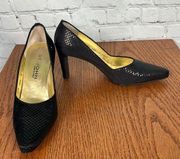 St John Black Satin Covered with  Paillettes Heels Pumps Size 9 1/2