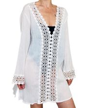 White Crochet Long Sleeve Tunic Swim Cover Blouse